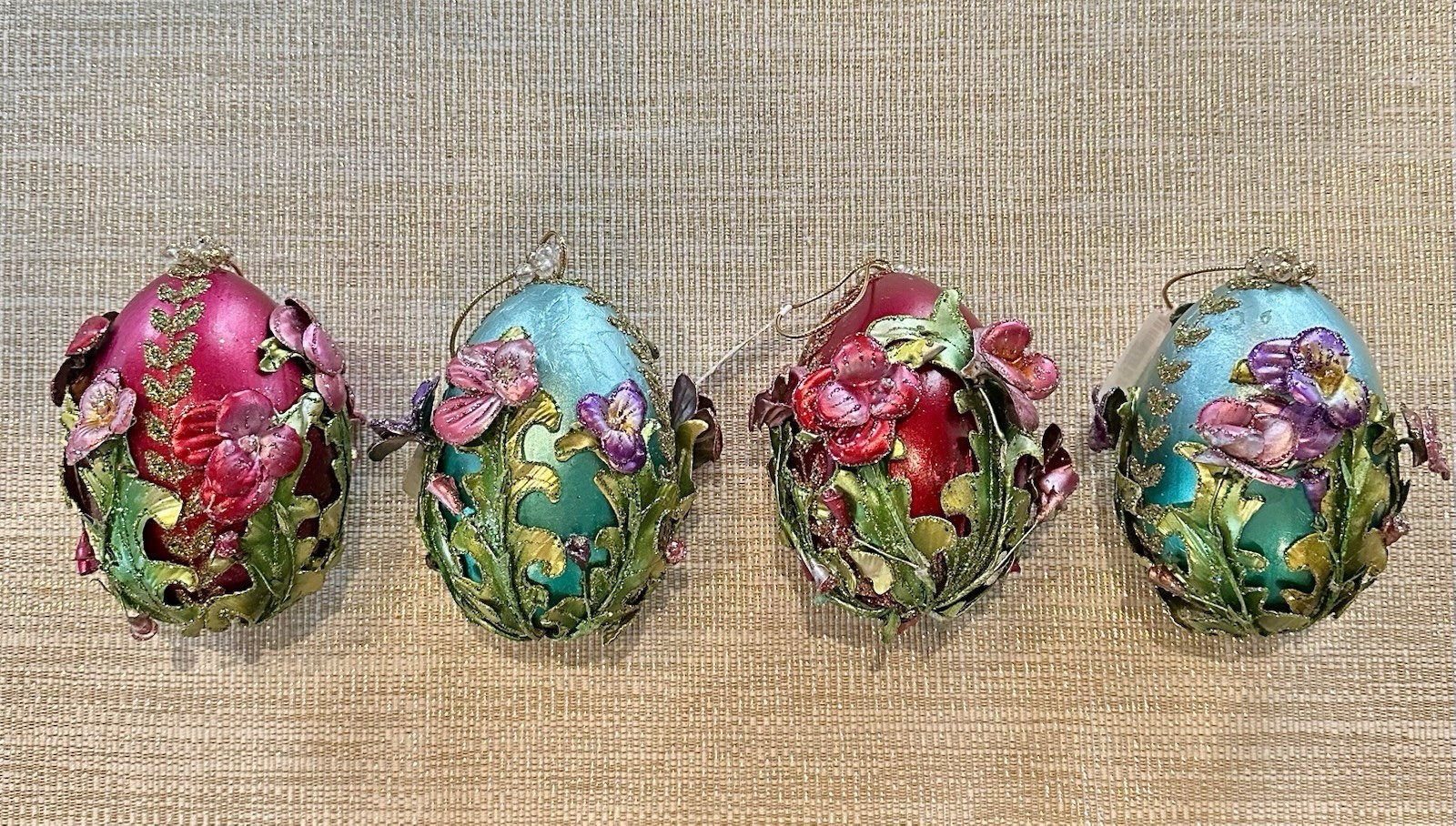 GORGEOUS Jumbo Floral Embellished Egg Ornaments, Set Of 4, Estate Find 5.5”x3.5”