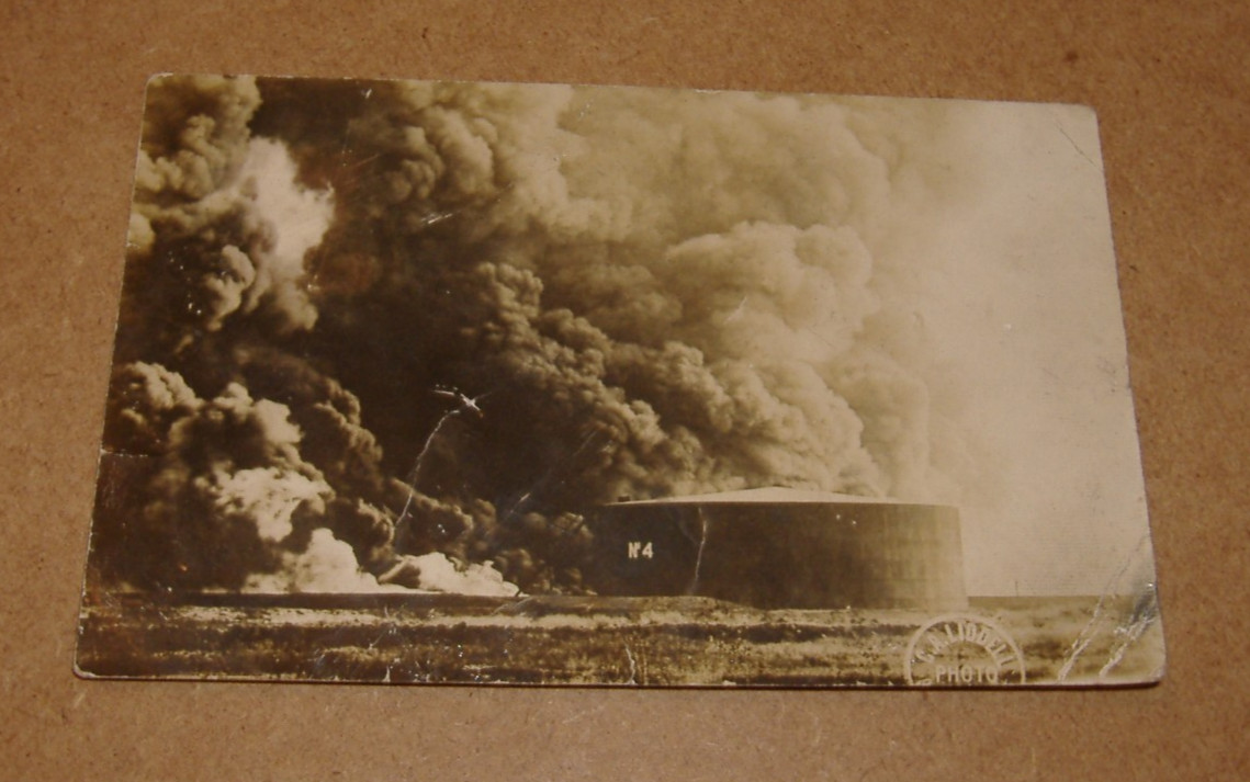 RPPC 1909 Beaumont Texas Oil Tank Fire Real Photo Burning Oil Tank