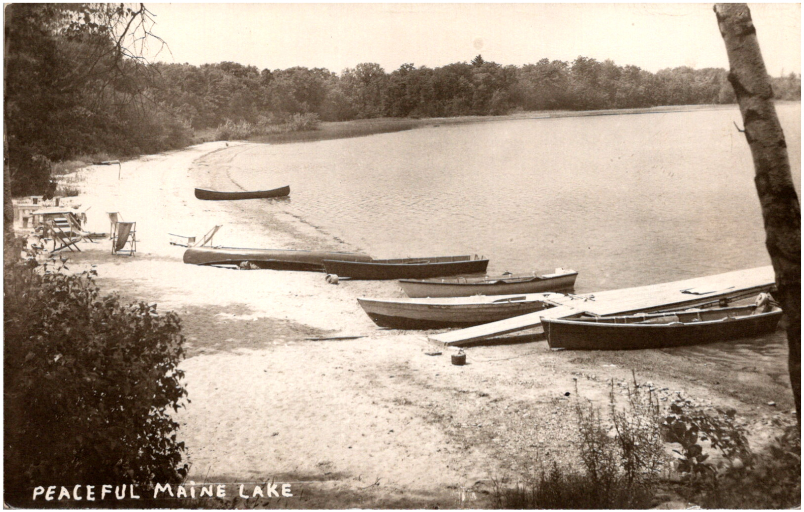 Peaceful Maine Lake Rowboats on Beach Scenic View 1940s RPPC Postcard Photo