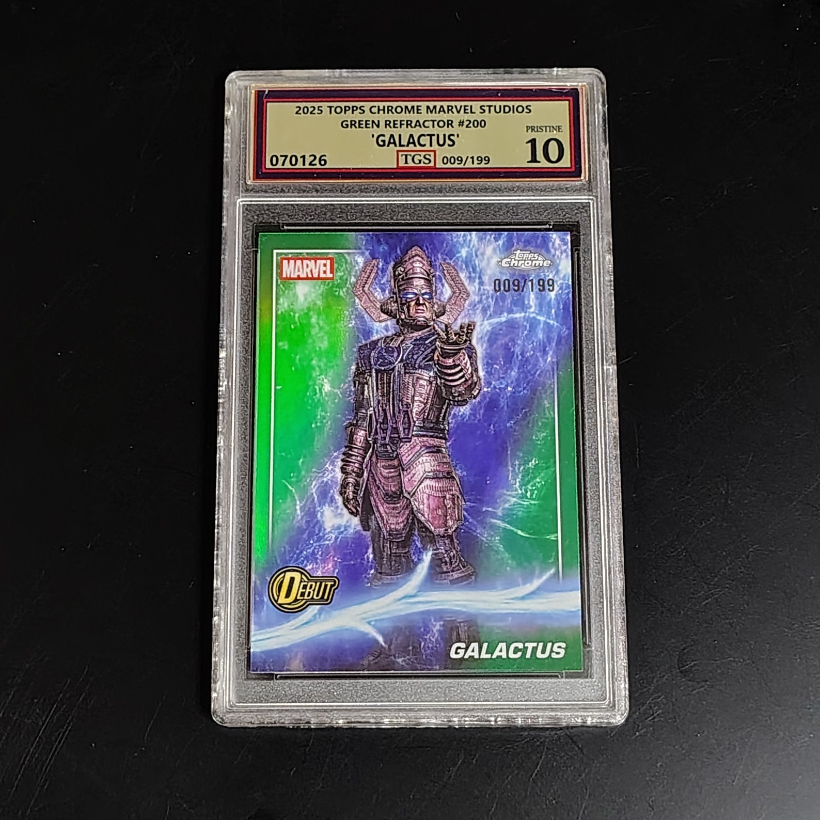2025 Topps Chrome Marvel Studios Galactus Green Refractor DEBUT #009/199 TGS 10 2025 Topps Chrome Marvel Studios Galactus Green Refractor DEBUT #009/199 TGS 10