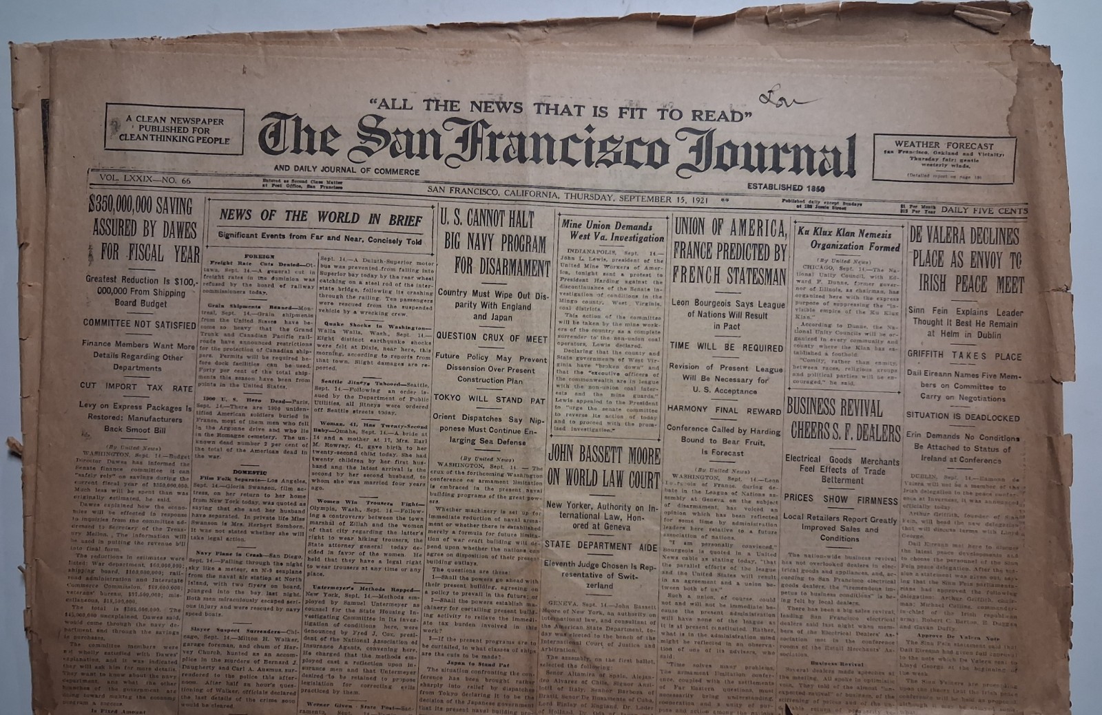 1921 THE SAN FRANCISCO JOUNRAL Newspaper California Sept 15