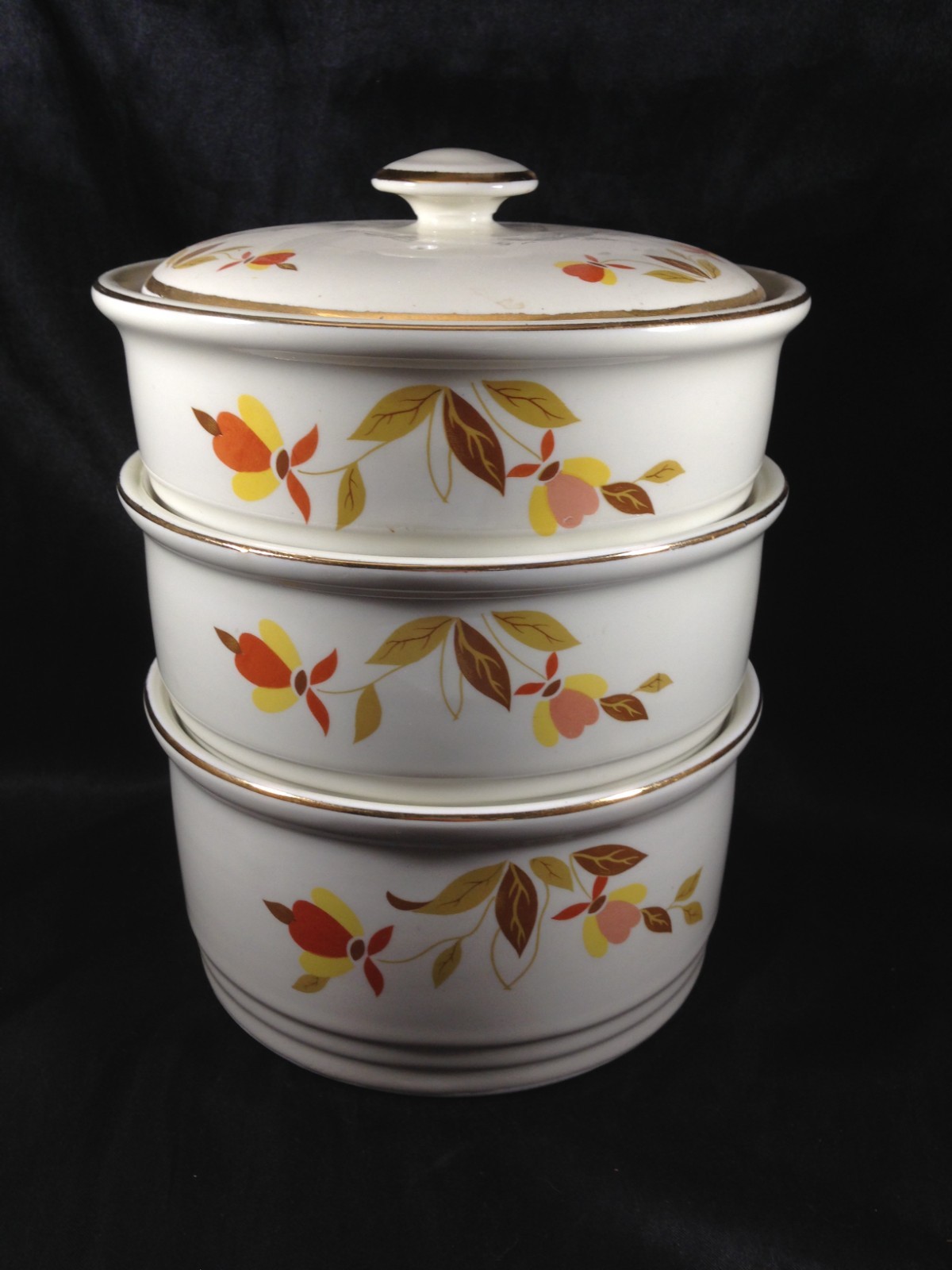 Vintage Hall Superior Jewel Tea Autumn Leaf Stacking Casserole 4 Piece