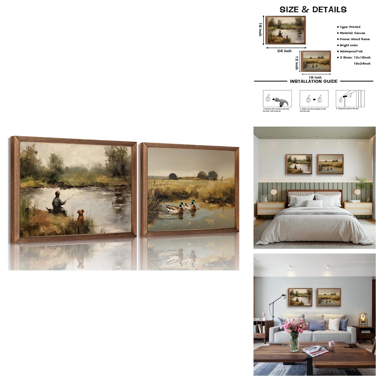 ZDMBCY Vintage Wall Art Set 2, Rustic Boy Fishing Mallard Duck Canvas Wall