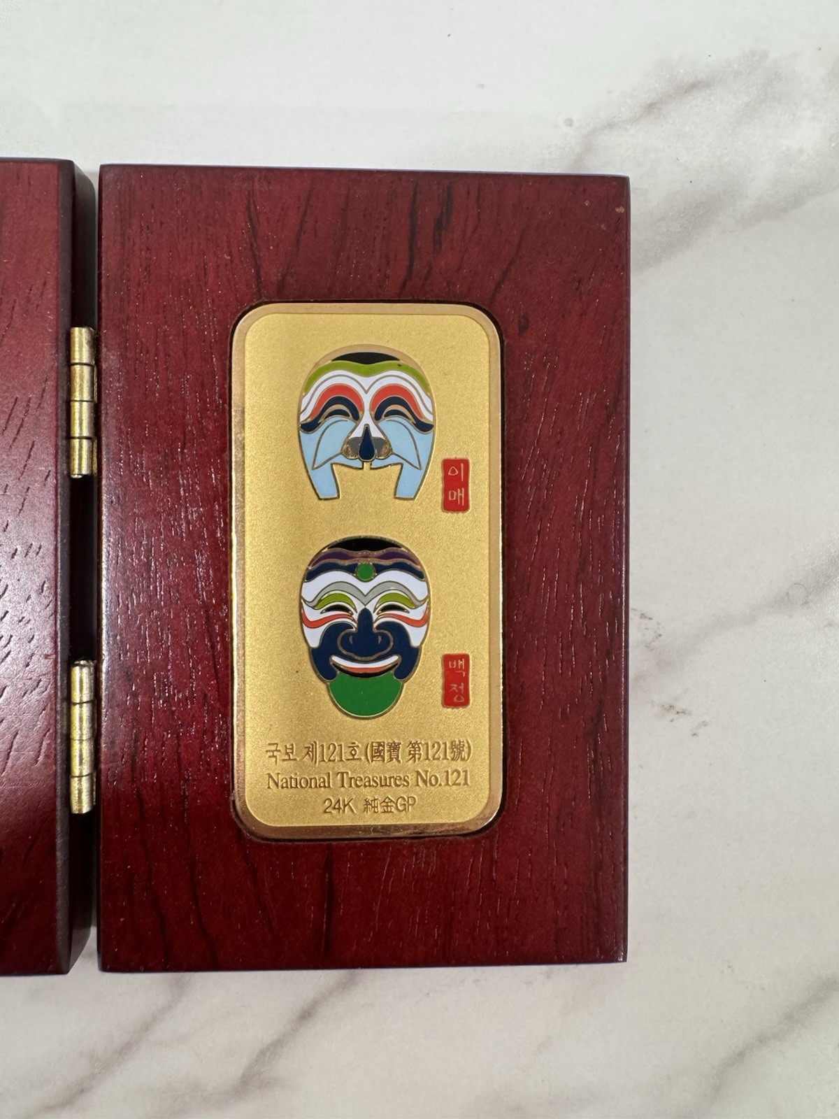 Korean Traditional Masks 24K Gold Plated Commemorative Plaques Wooden Case of 3