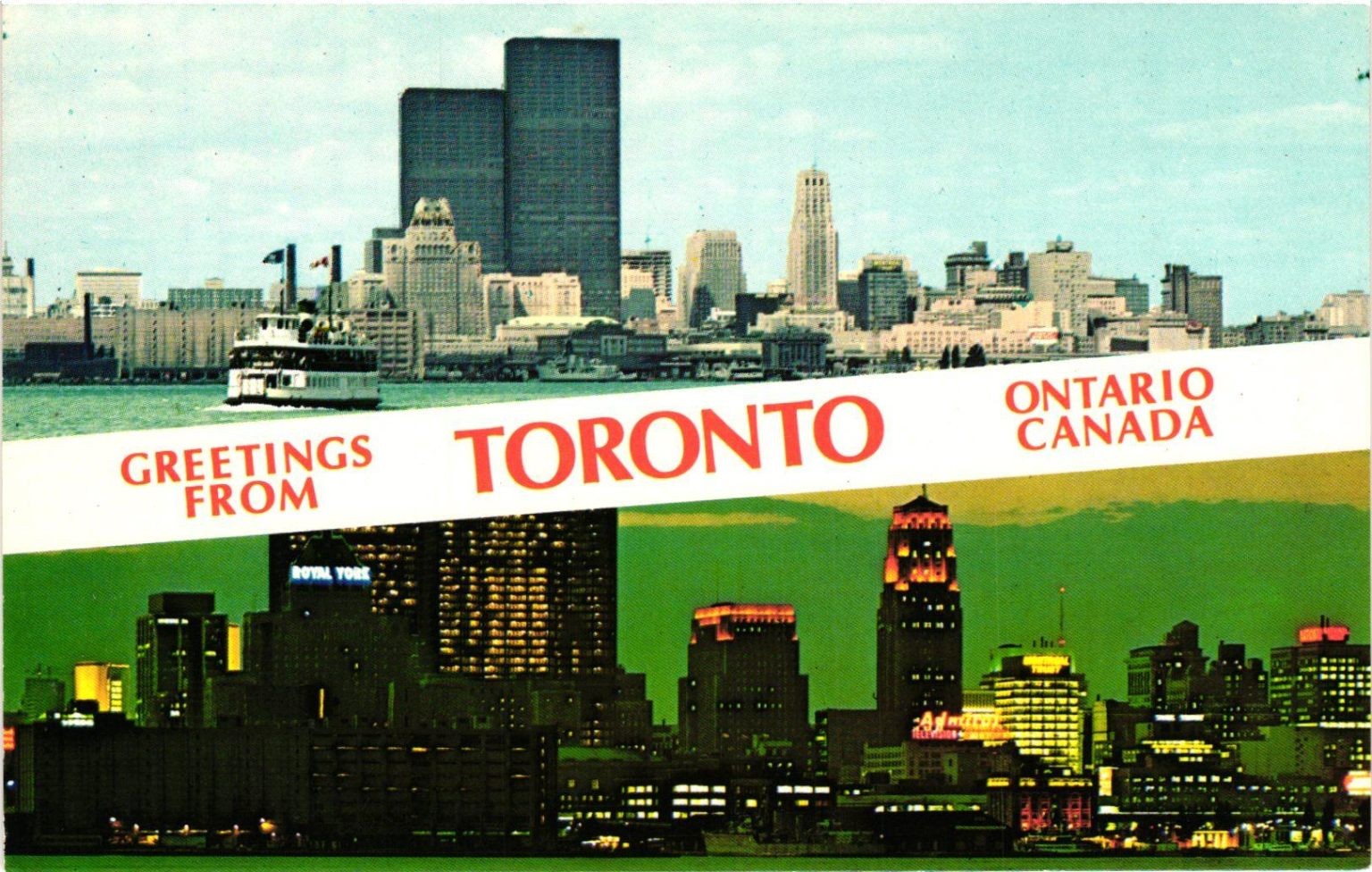 Vintage Plastichrome Postcard Toronto Ontario Canada Skyline Day Night Ferry