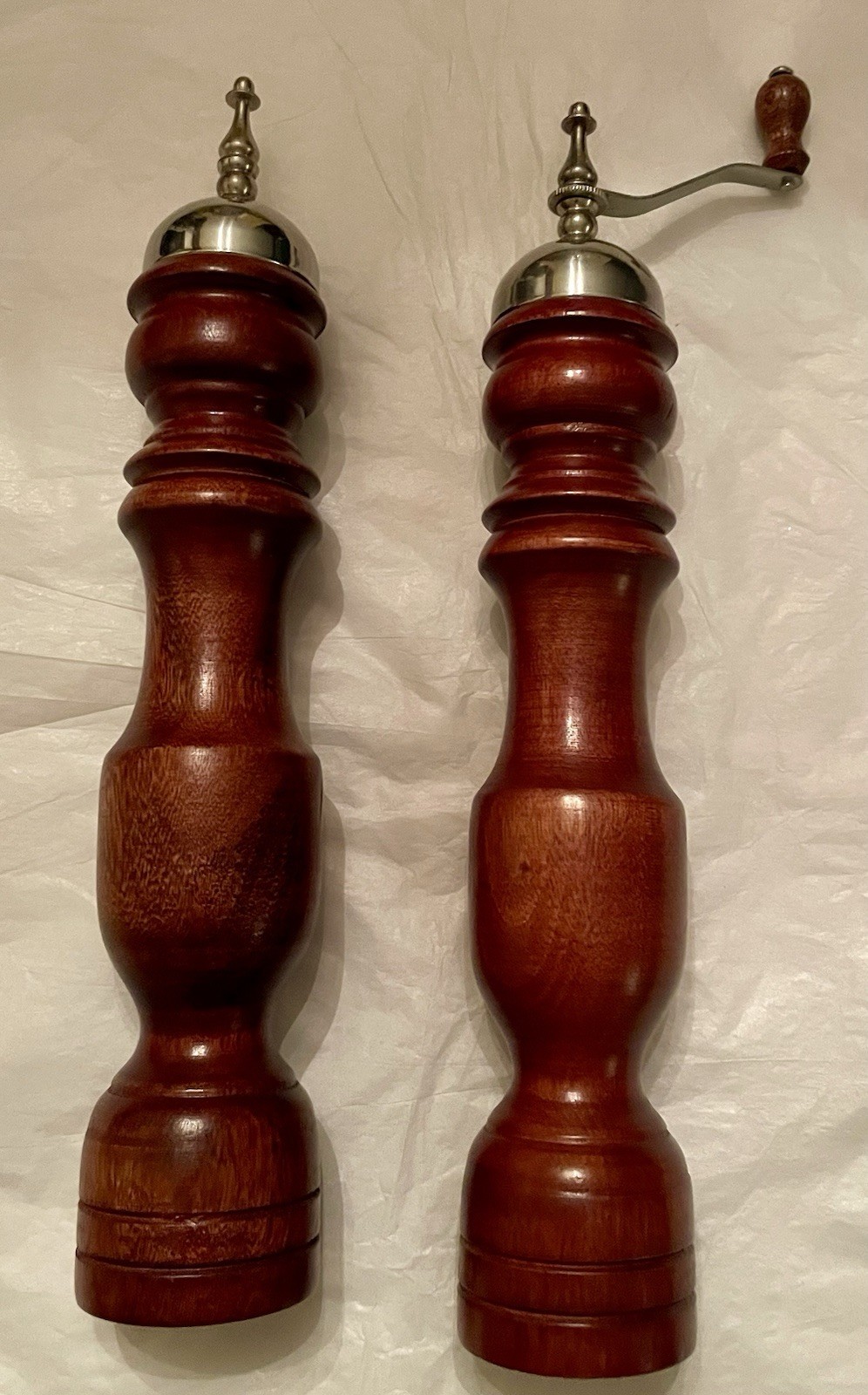 Vintage Mid Century Handmade Salt Shaker And Pepper Grinder Set  12” With Chrome