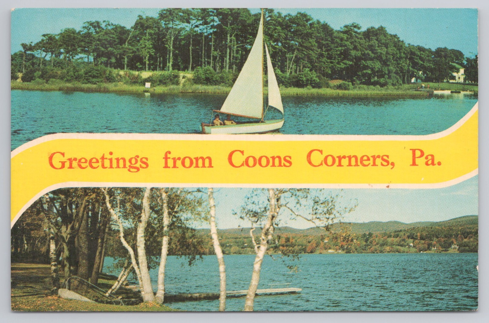 Postcard Greetings From Coons Corners Pennsylvania Sailboat on a Lake