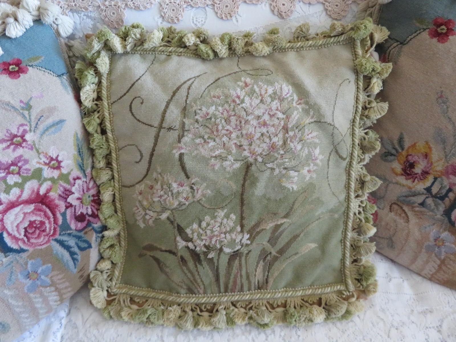 Vintage Aubusson style Hydrangea A on Sage Green Needlepoint Pillow NWOT