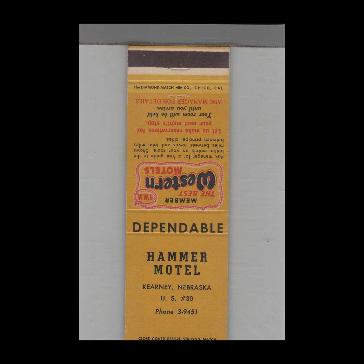 Matchbook Cover Hammer Motel Kearney, NE