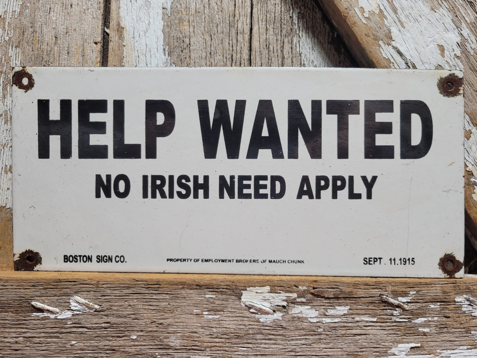 VINTAGE HELP WANTED PORCELAIN SIGN OLD NO IRISH NEED APPLY EMPLOYMENT BROKER