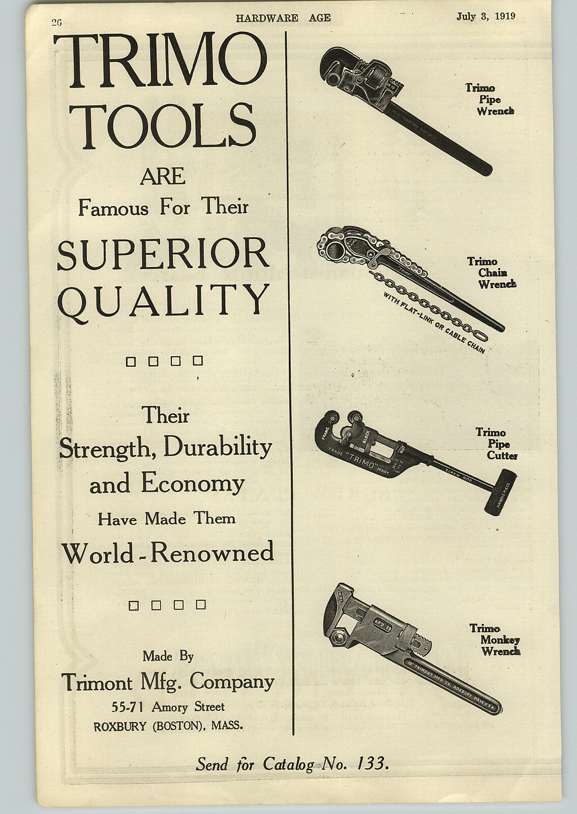 1919 PAPER AD Trimo Tools Pipe Wrench Monkey Trimont Co Roxbury Mass