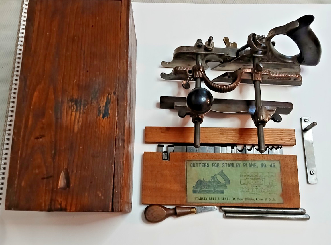 Stanley No. 45 Plane in Original Wood Box w/ box of 17 Cutters