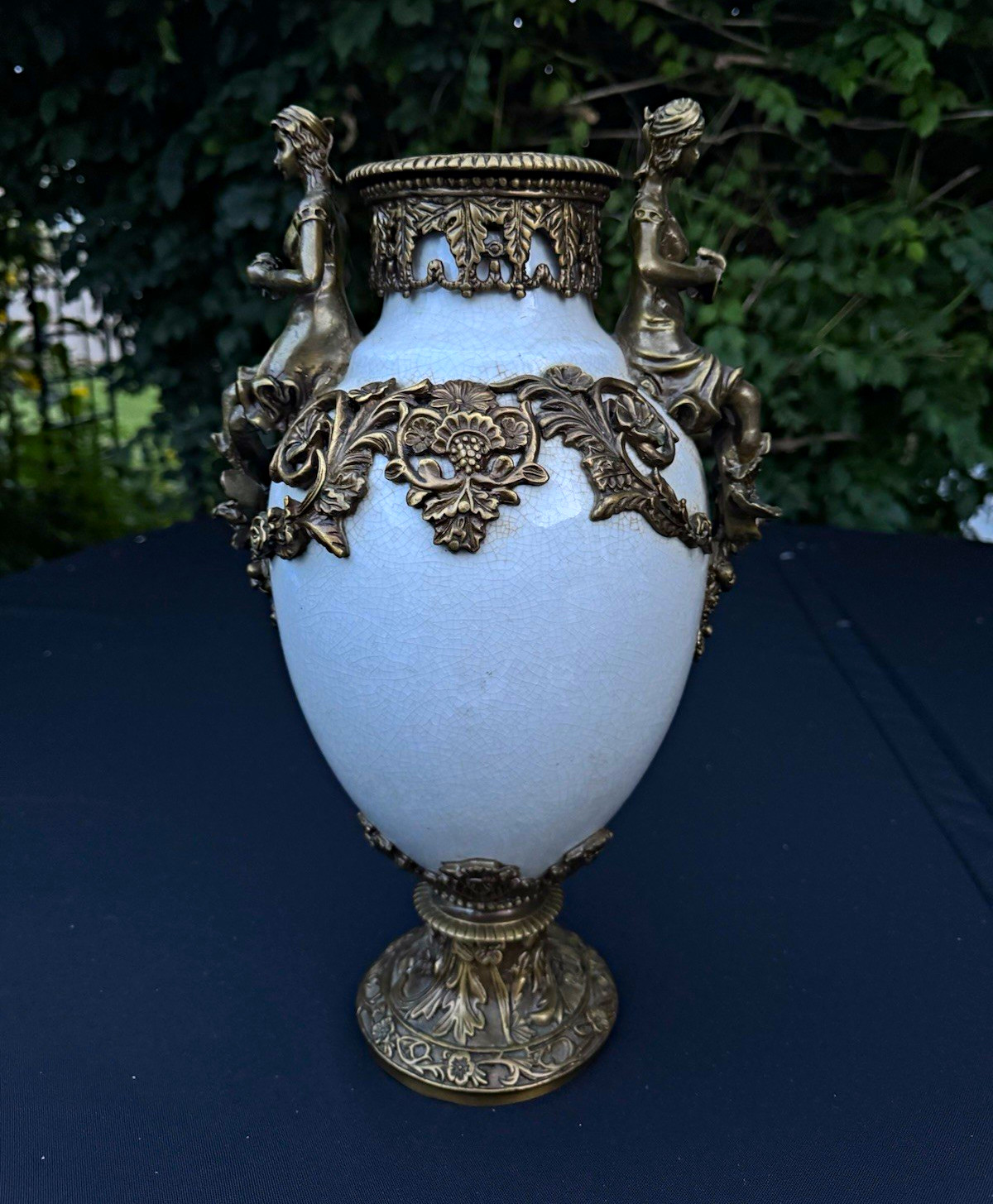 French style crazed Urn Vase 16 in w/ bronze Mounts Floral Seated Woman Figure