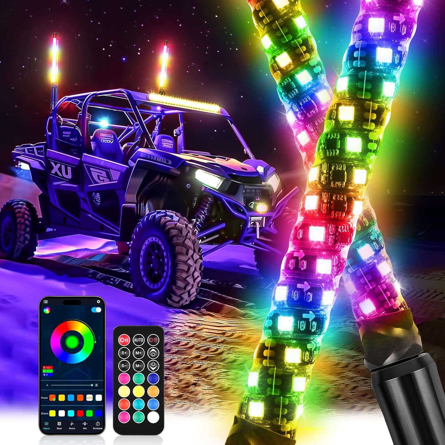 Whip Lights, 2Pcs 1FT RGB LED Whip Lights for Side by Side