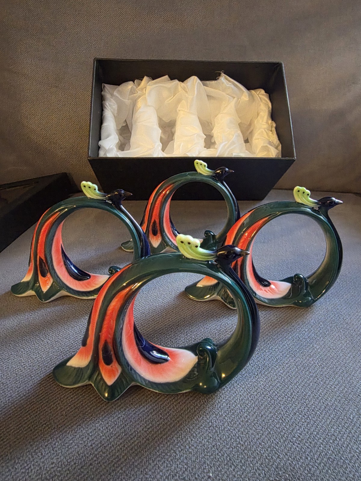 Vintage Alii Hawaii Porcelain Bird of Paradise Napkin Rings Set of 4 In Box...