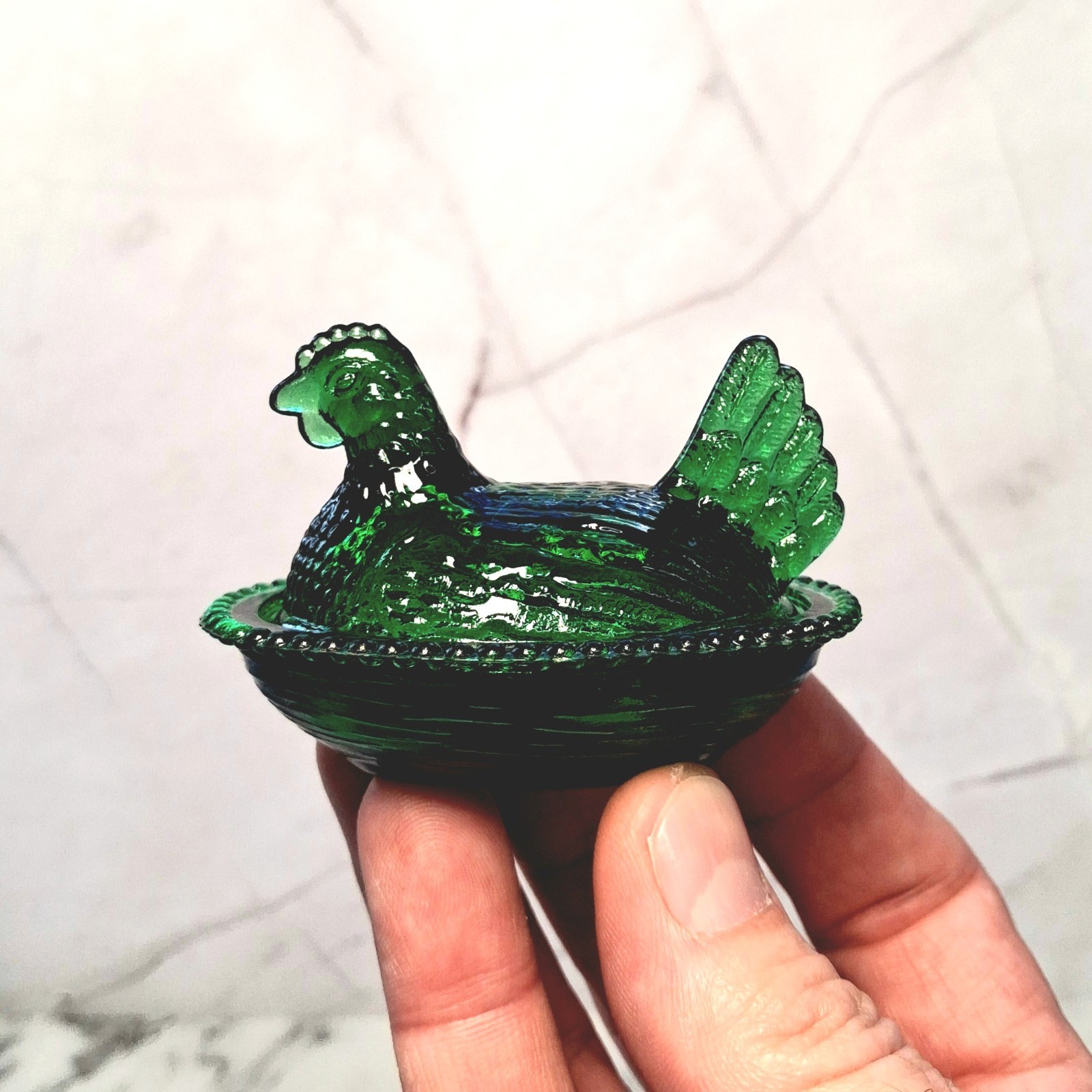 Indiana Style Glass Mini Hen On Nest Chicken Salt Dish, Emerald Green, VTG Style