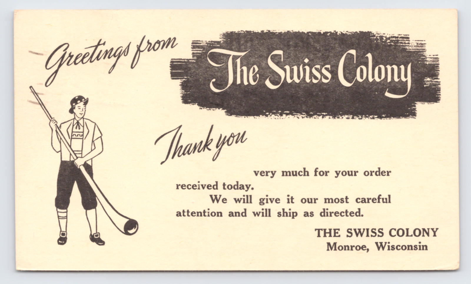 1948 The Swiss Colony Postal Card Monroe WI Order Acknowledgement Advertising 1948 The Swiss Colony Postal Card Monroe WI Order Acknowledgement Advertising