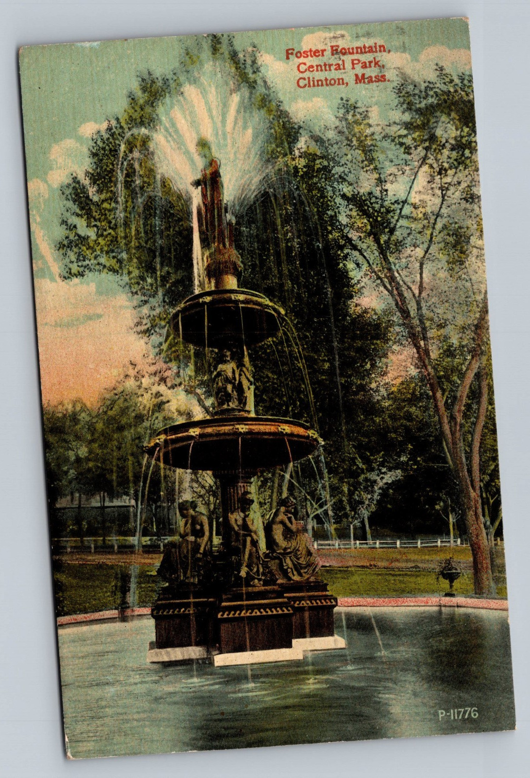 Foster Fountain Central Park Clinton Massachusetts MA Vintage Postcard