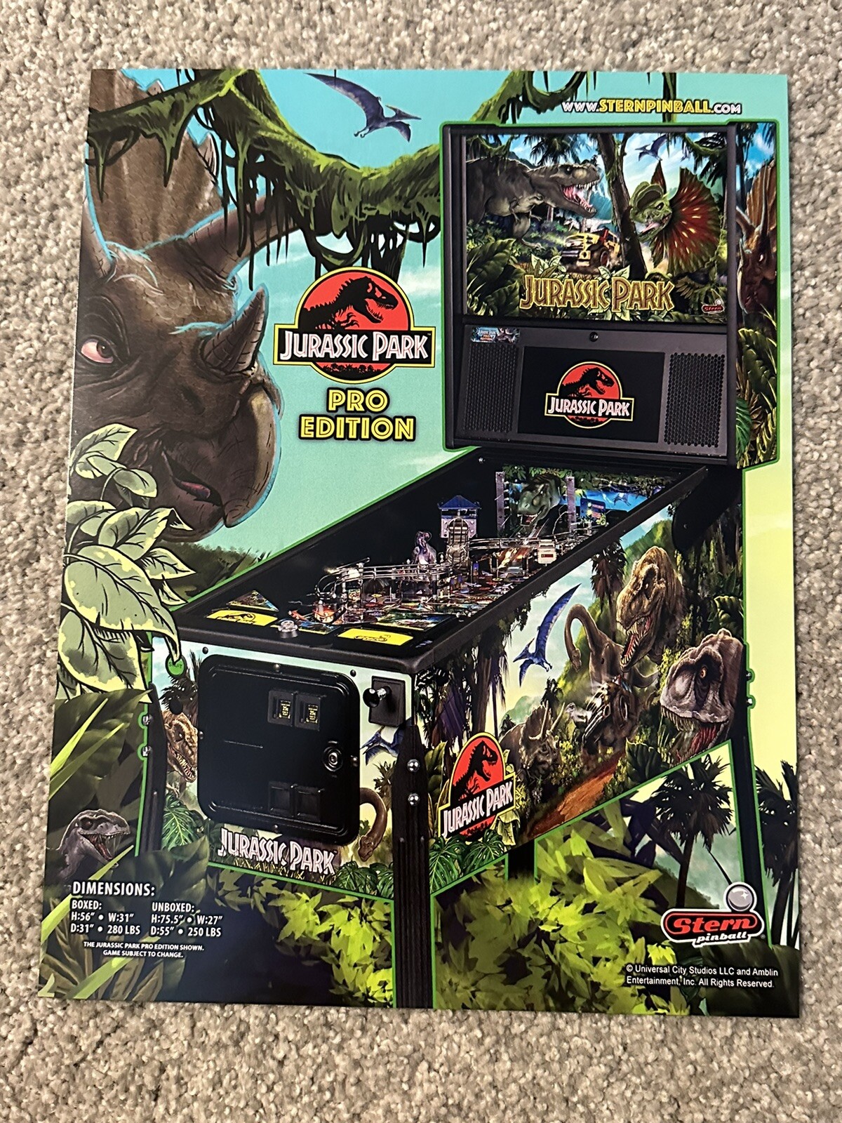 Official Stern Pinball Jurassic Park Pinball Pro Flyer Brochure Ad