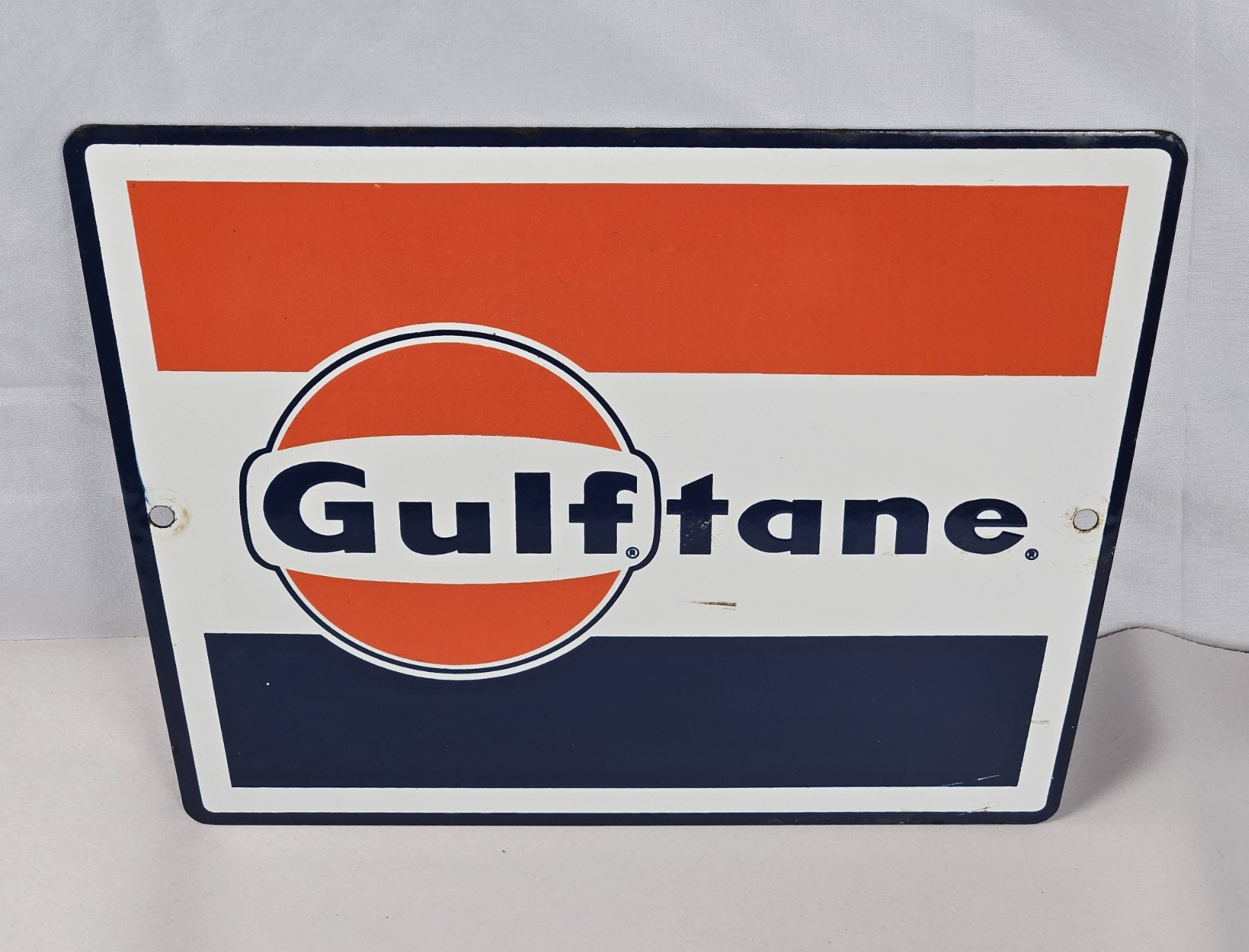 Vtg Original Porcelain Gulftane Gas Station Pump Plate Trapezoid Sign Petroliana