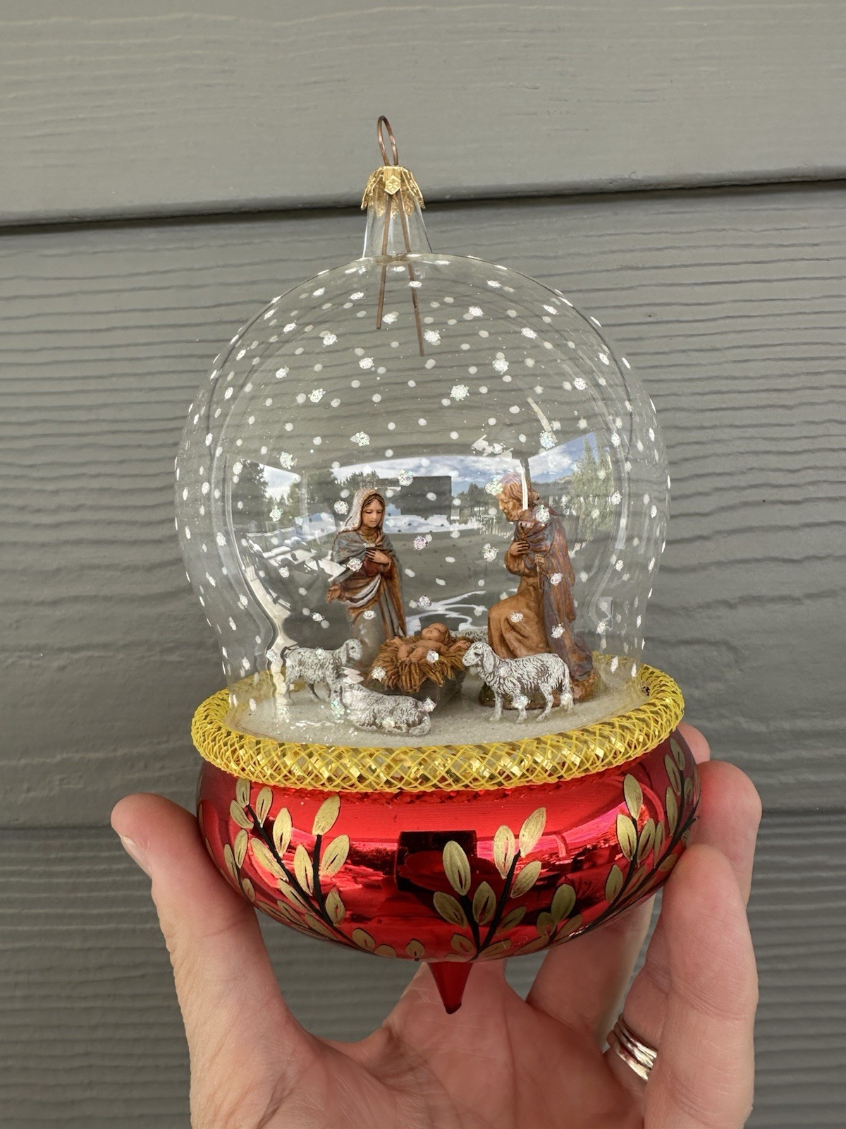 Christopher Radko Glass Dome Nativity Ornament Holy Family Red Gold Leaf Base