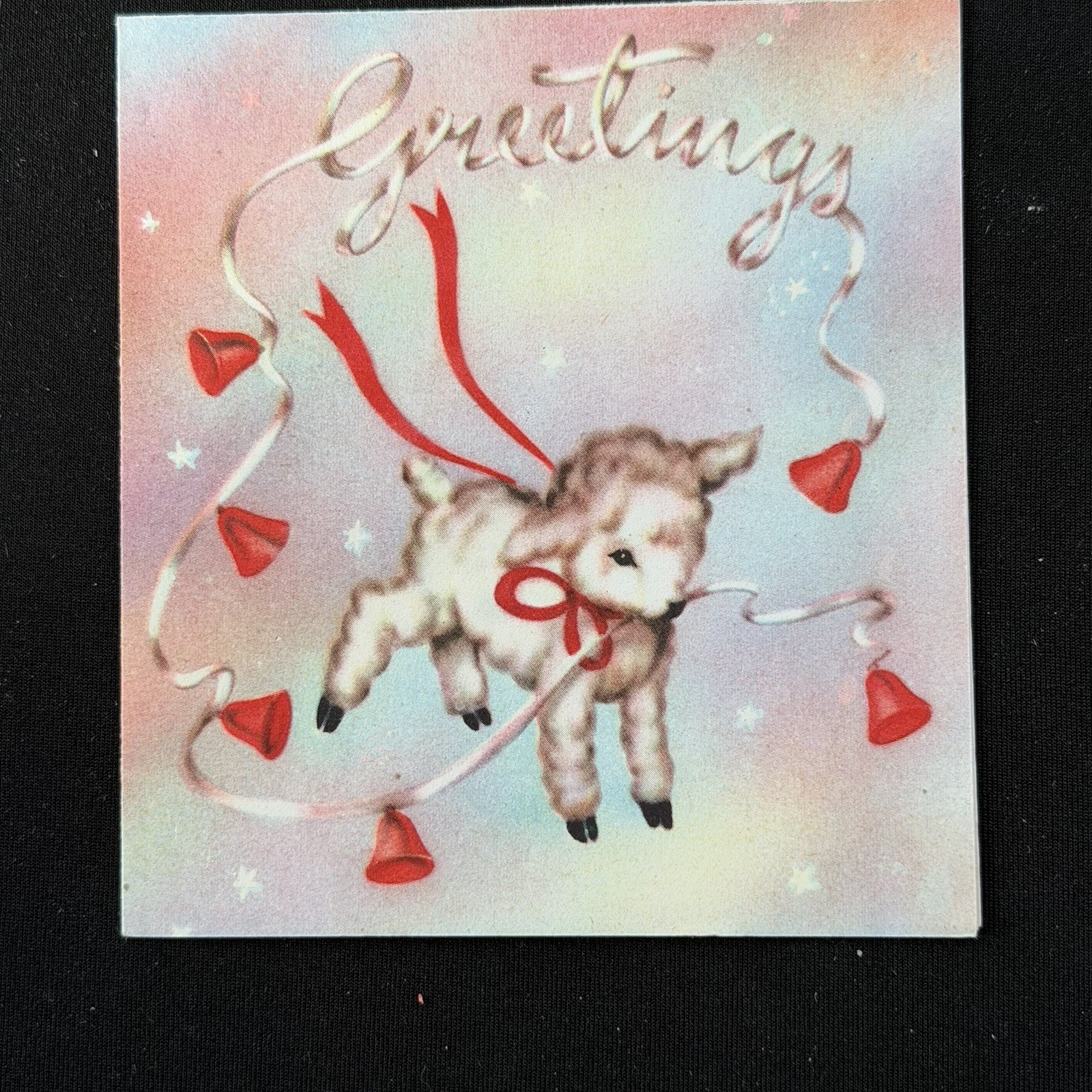 Vintage Unsigned MCM Christmas Card Cute Lamb w/ Red Bow and Bells
