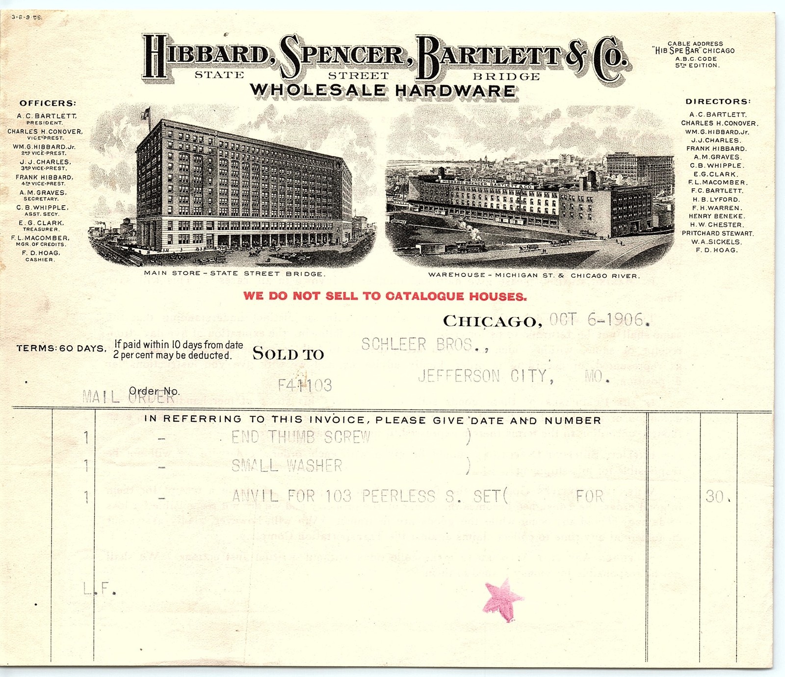 1906 Hibbard, Spencer, Bartlett & Co. hardware invoice