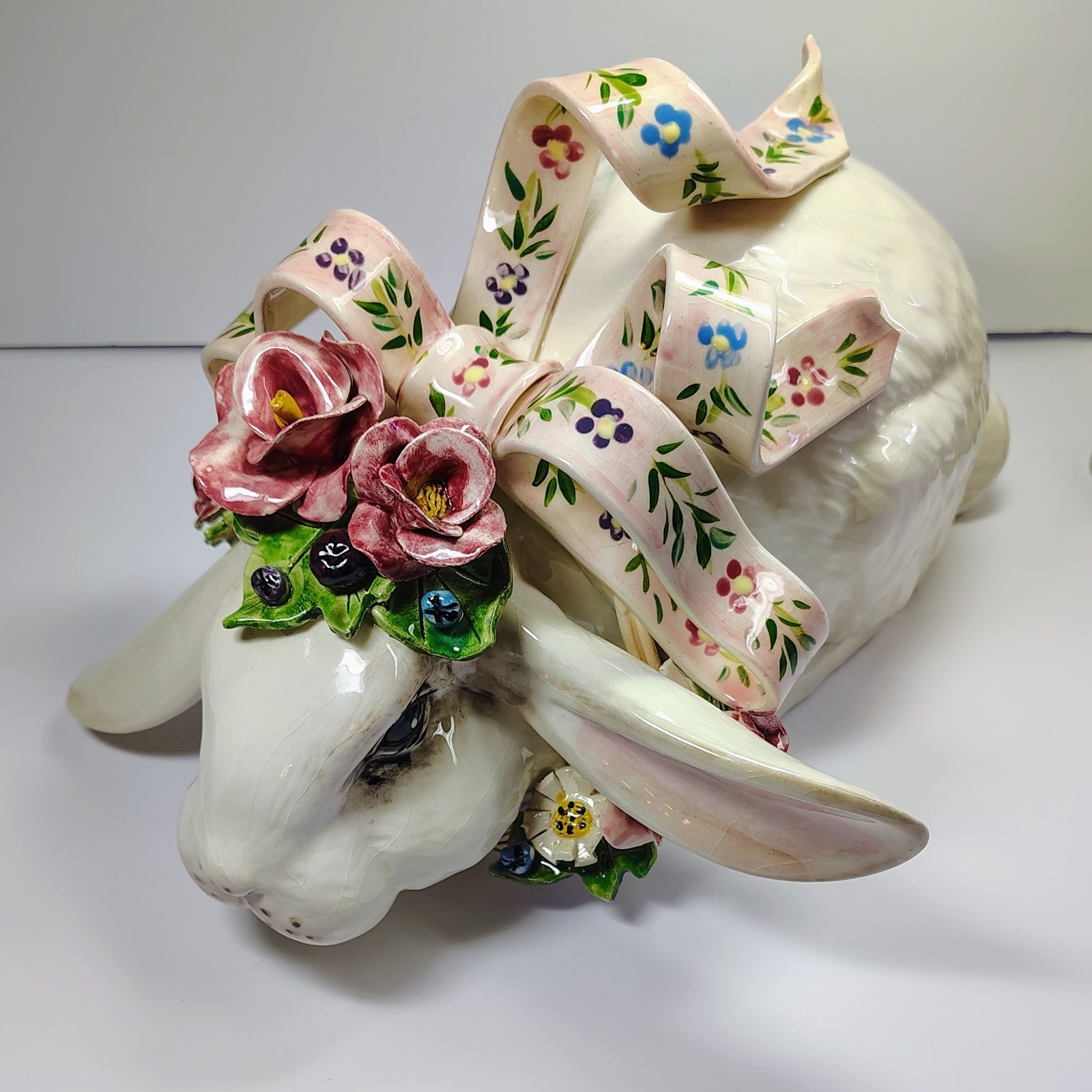 Vintage Linda Bailey Lop Ear Bunny Rabbit Ceramic Floral Easter Centerpiece