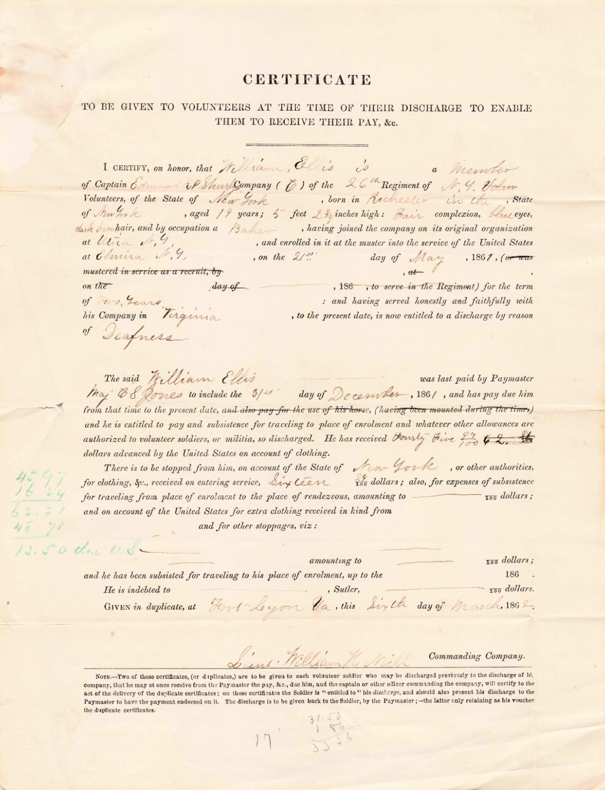 Civil War discharge & final-pay certificate Private William Ellis 26th NY