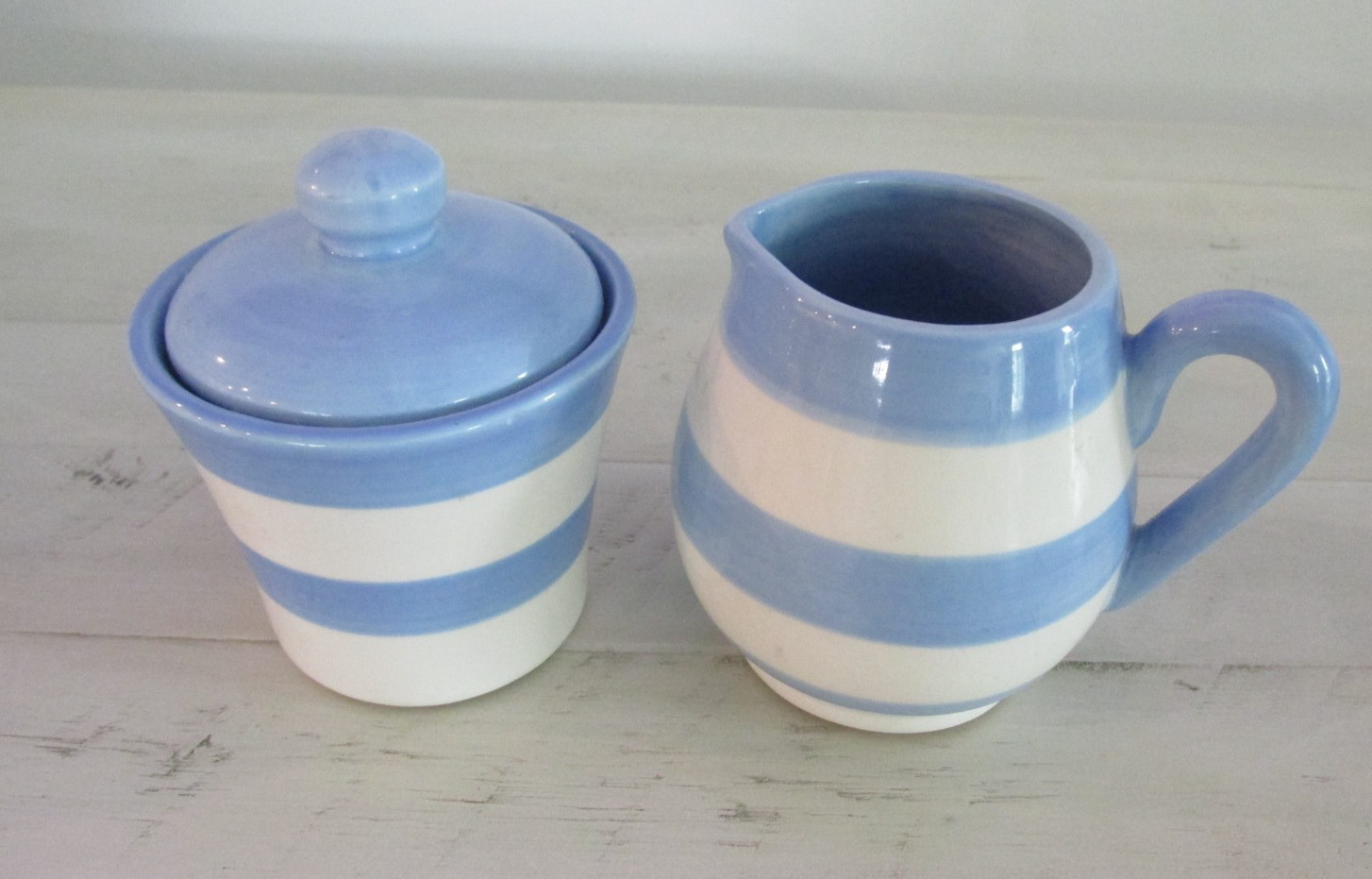 Vintage Blue & White Striped Sugar And Creamer Cottage Core - Very cute
