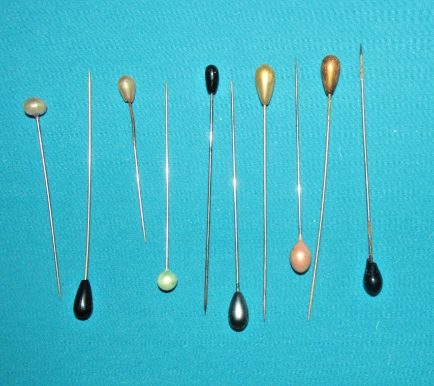 10 VTG FAUX PEARL HAT PINS ROUND/TEARDROP Shaped-MID CENTURY