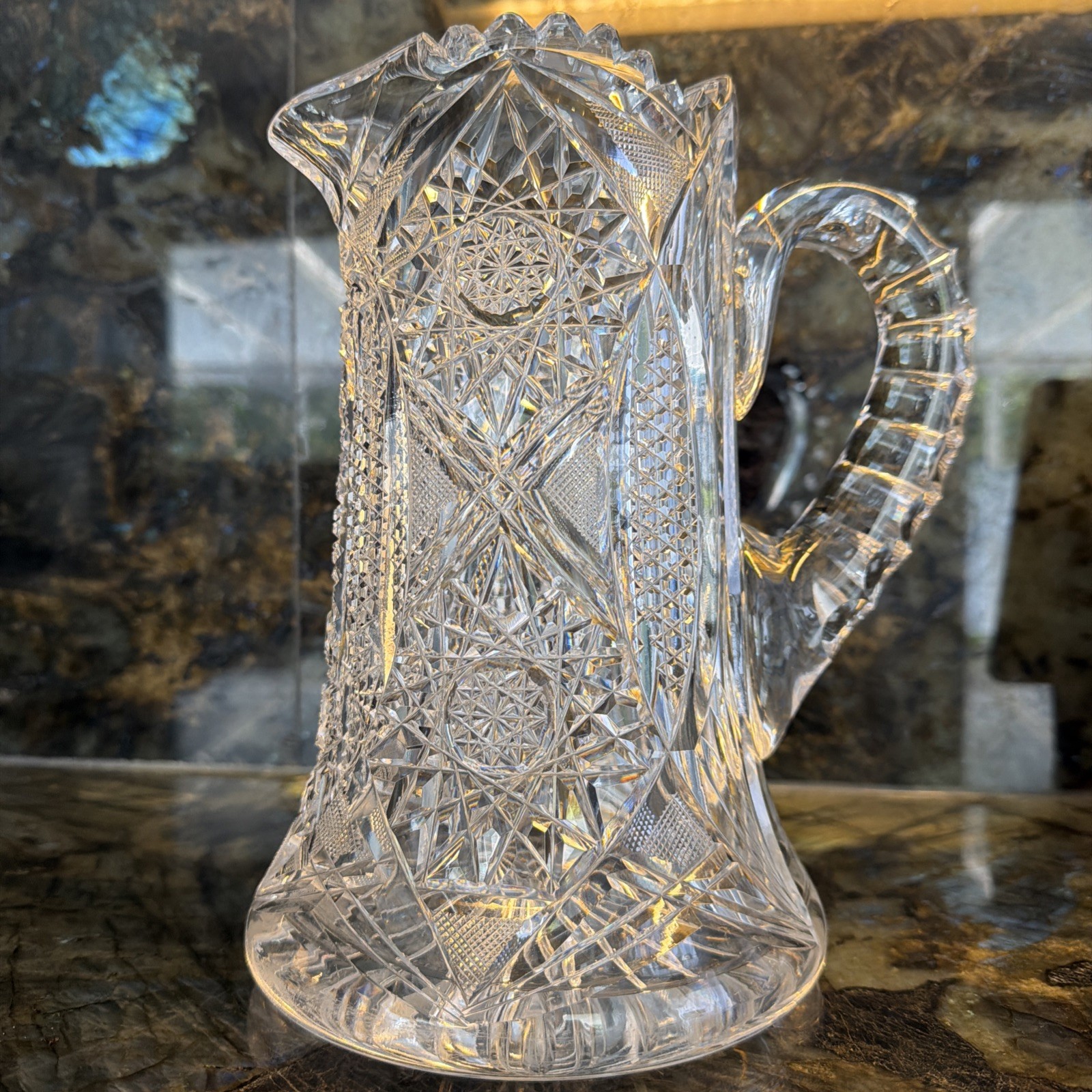 Antique EAPG Glass Pitcher Ornate Design with Geometric and Floral Pattern