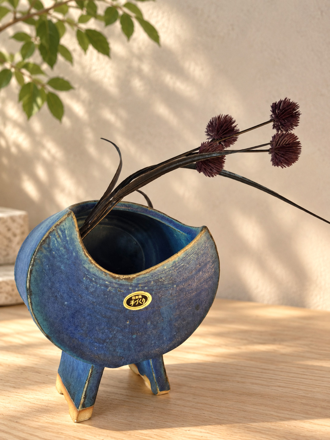 Japanese Shigaraki Ware Turquoise Blue Footed Ikebana Vase Studio Pottery MCM