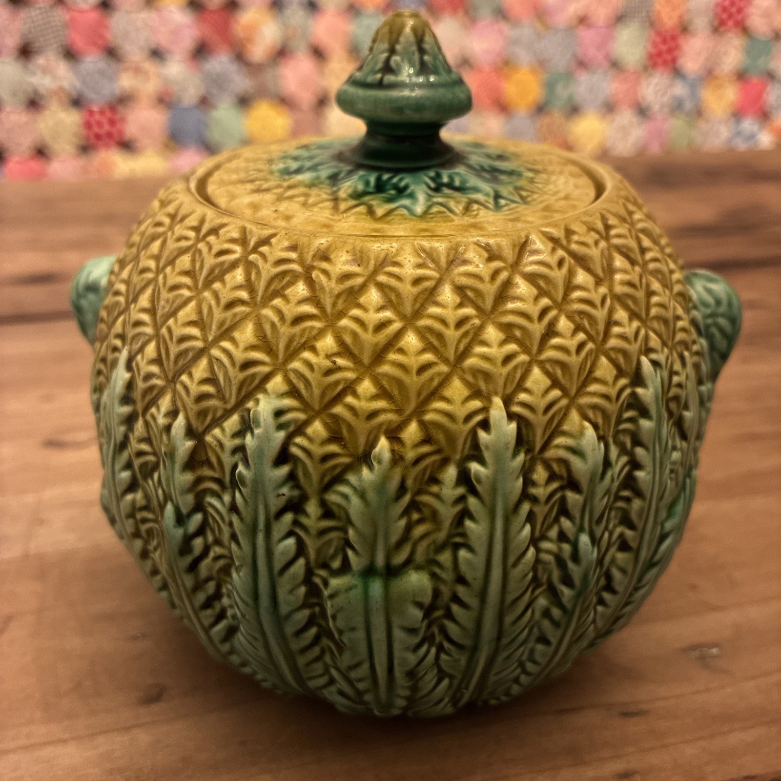 Antique 19th C 1800s Majolica Pineapple Pattern Sugar Bowl w Lid Fruit Jar Old