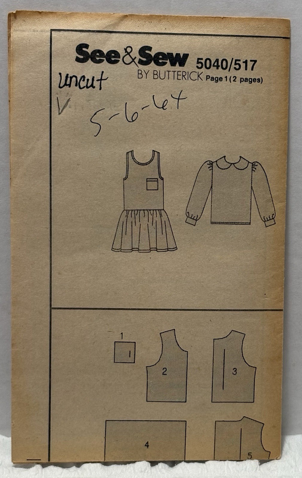 Butterick 5040/517 Size 5-6-6x Jumper, Blouse *PREOWNED* UNUSED Butterick 5040/517 Size 5-6-6x Jumper, Blouse *PREOWNED* UNUSED