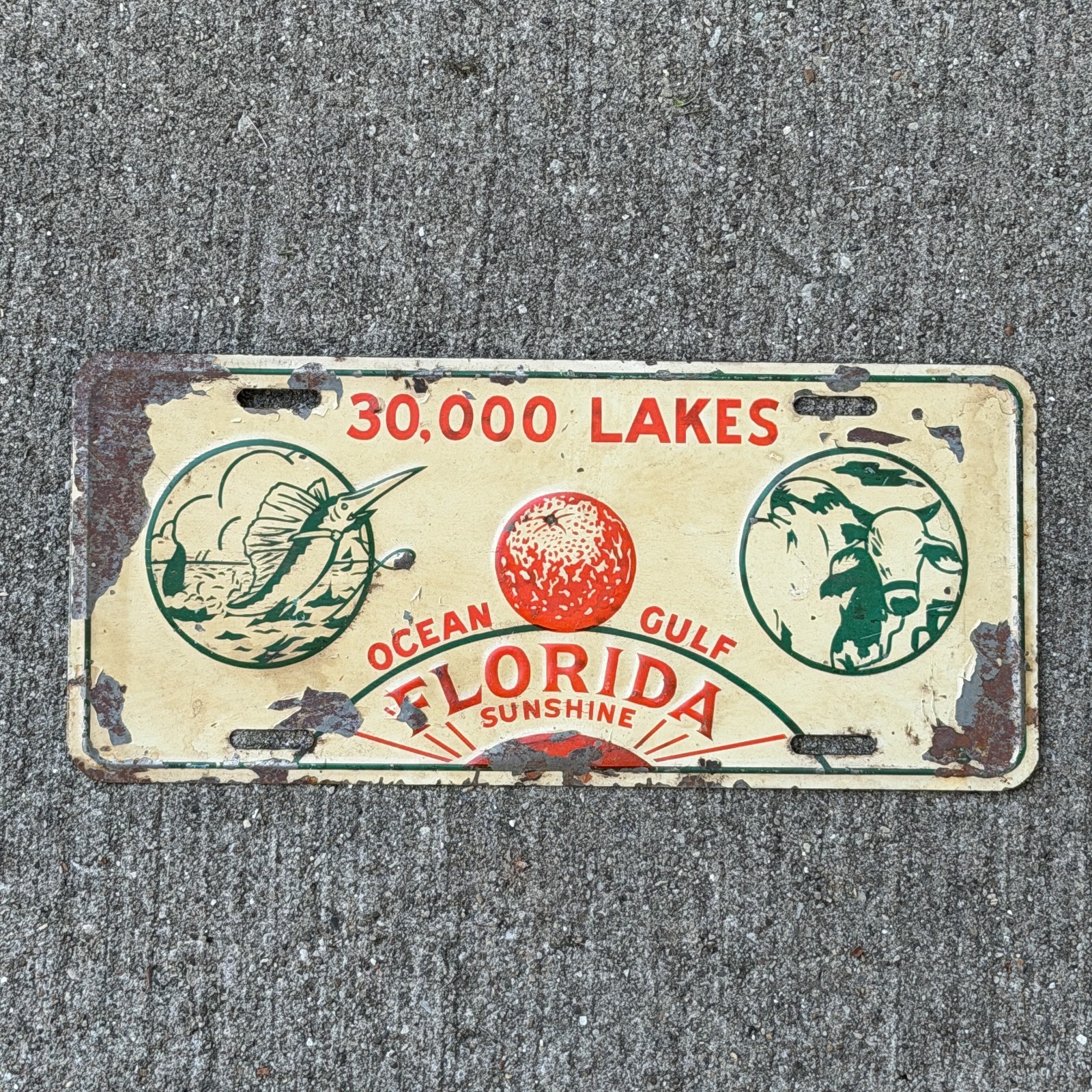 1950 Era 30000 Lakes Ocean Gulf Florida Booster License Plate Tag Graphic Metal