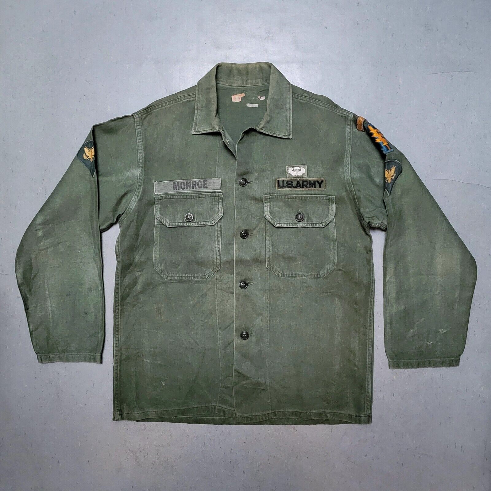 Vtg 50s 60s US Army Airborne Paratrooper Sateen Utility Field Shirt Patches RARE