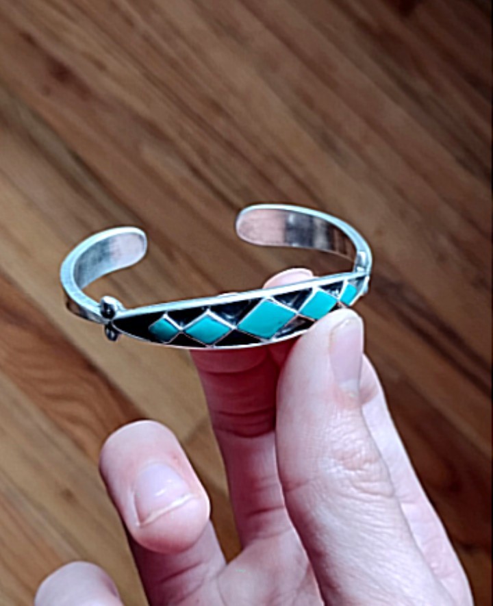 Vintage Zuni Jimmie Etsate Turquoise Sterling Silver Inlay Cuff Bracelet 6 1/8\