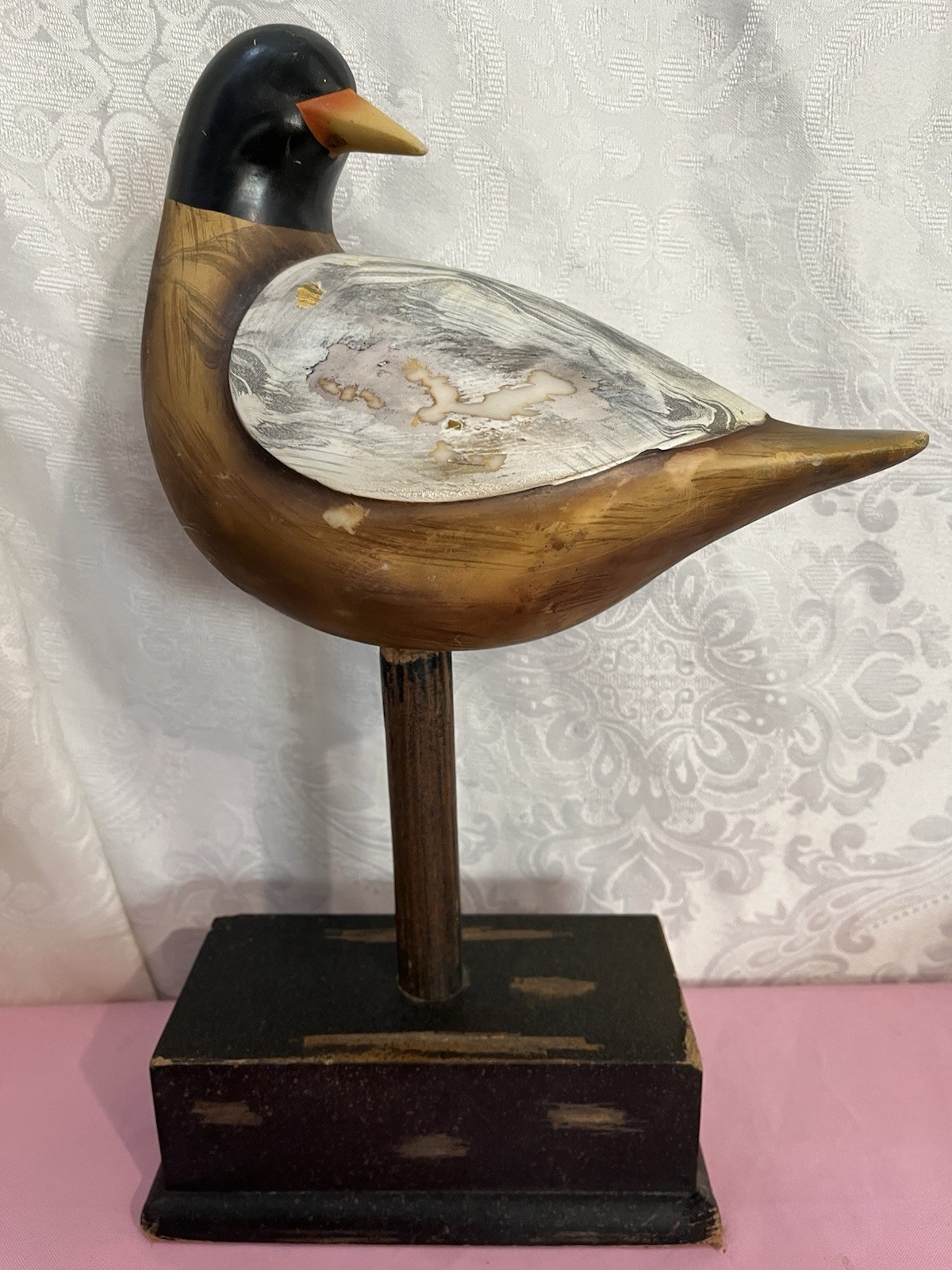 Vintage Hand-Carved Wooden Mallard Duck Decoy Folk Art on Stand
