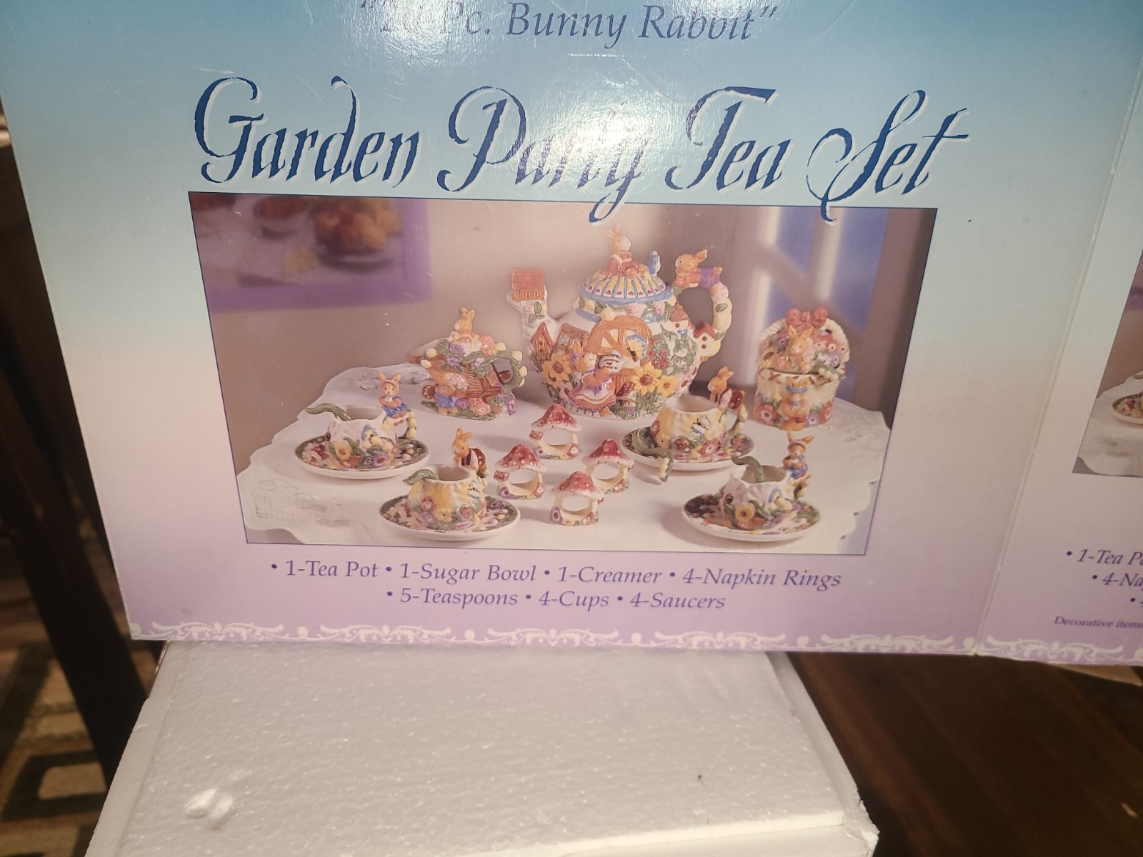New Vintage Mercuries 1999 Garden Party 20pc Bunny Tea Set Open Box Mint