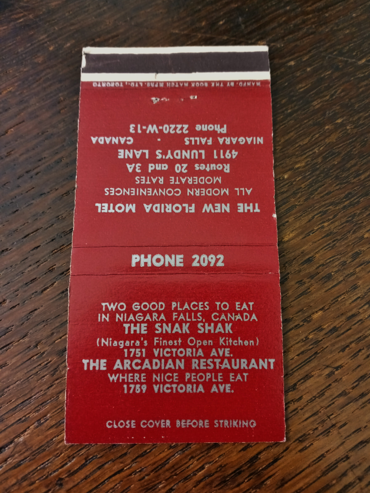Vintage Matchbook: Snak Shak/Acadian Restaurant/Florida Motel, Niagara Falls, ON
