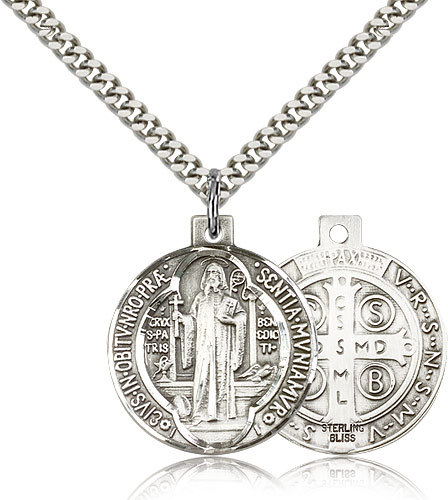 925 Sterling Silver Saint Benedict 1 Round Medal Men Women Necklace 24 Chain