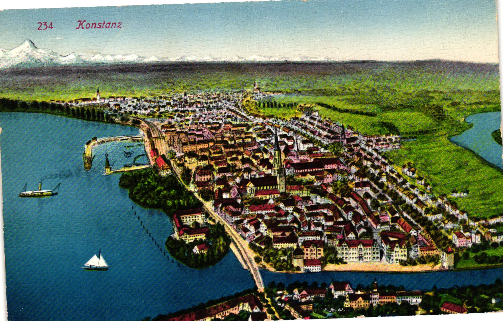 Vintage Postcard- Konstanz panorama with harbor and mountains