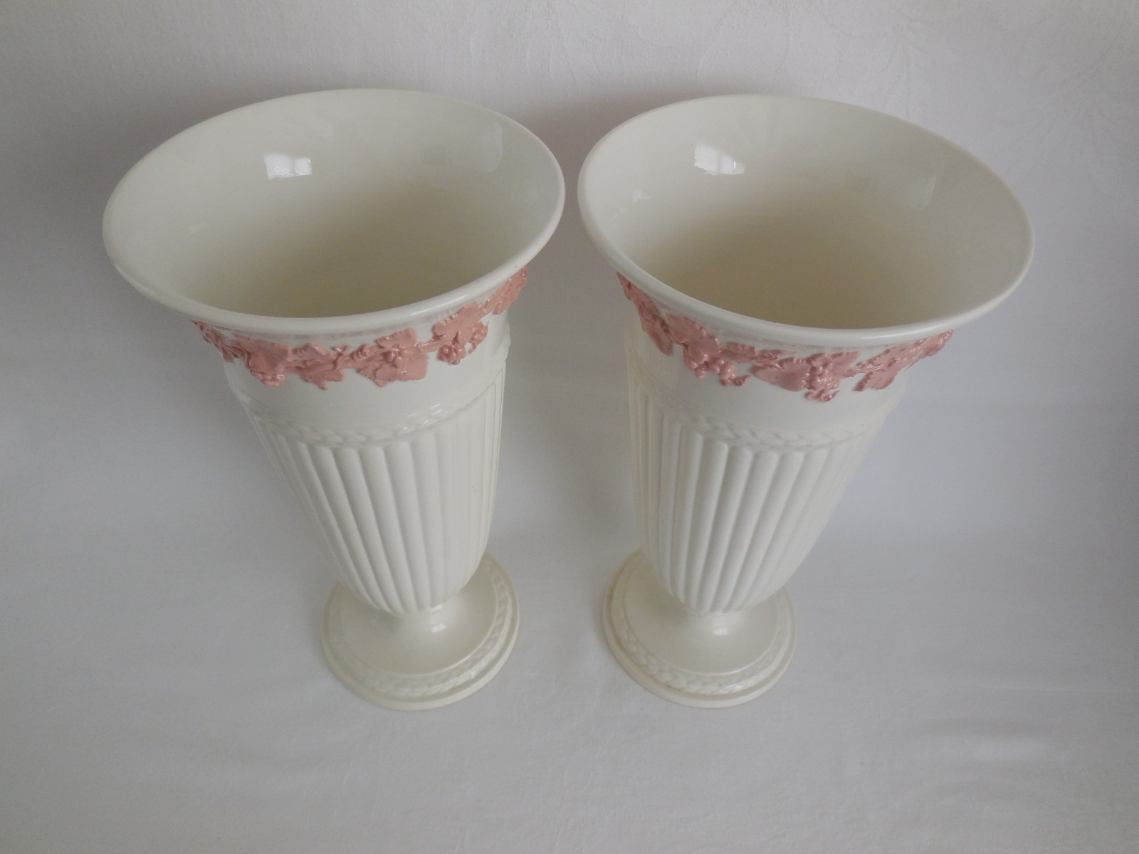 Rare Pair 1942 Wedgwood Pink On Cream Embossed Queens Ware 11 Inch Vases