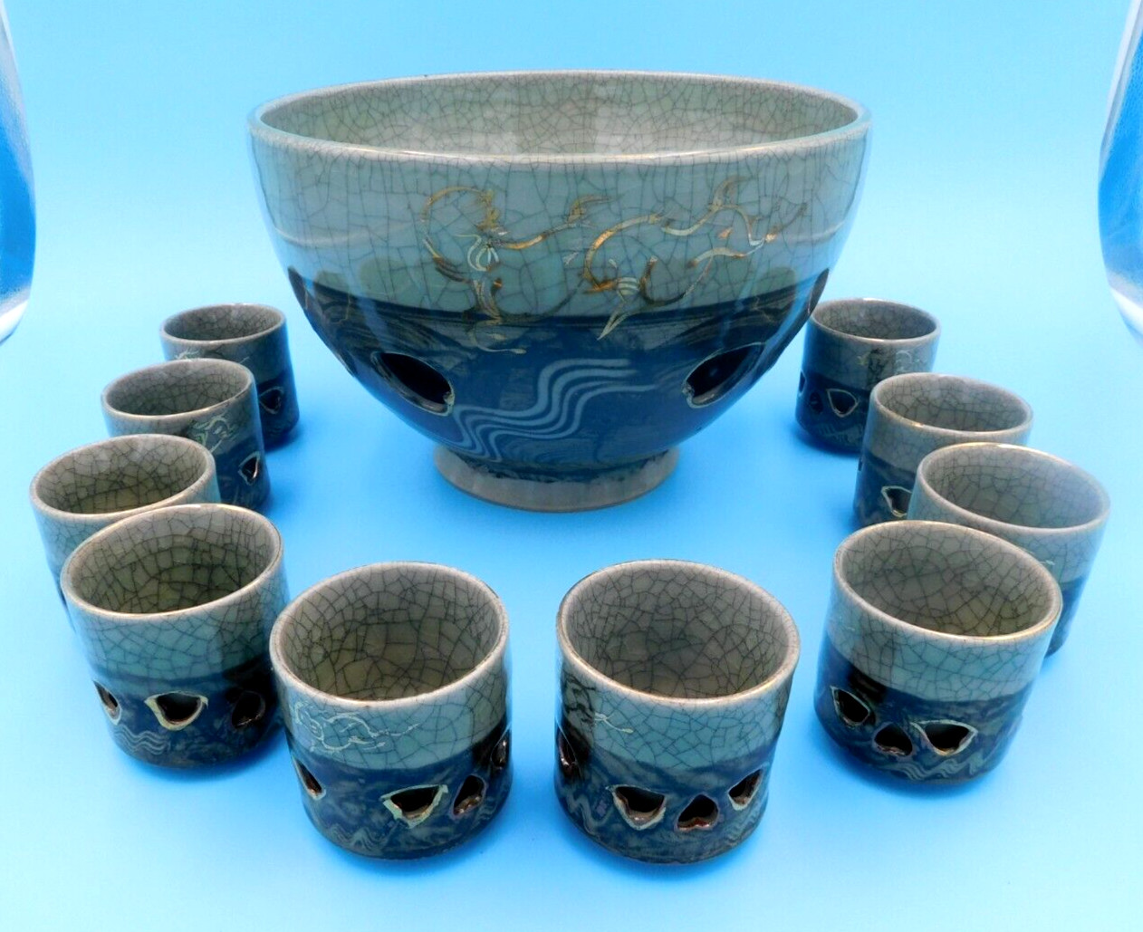 Soma Ware Japanese Pottery Somayaki Punch Bowl w/10 4oz Cups Gold Horse Otagiri Soma Ware Japanese Pottery Somayaki Punch Bowl w/10 4oz Cups Gold Horse Otagiri
