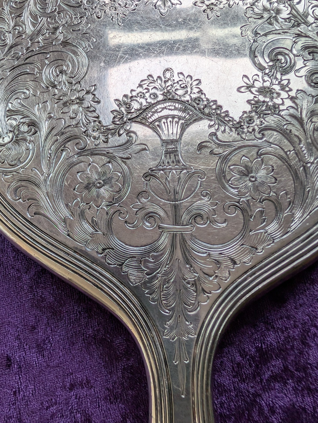 Vintage Silver Hand Mirror with Etched Flower Basket and Scrolls Design