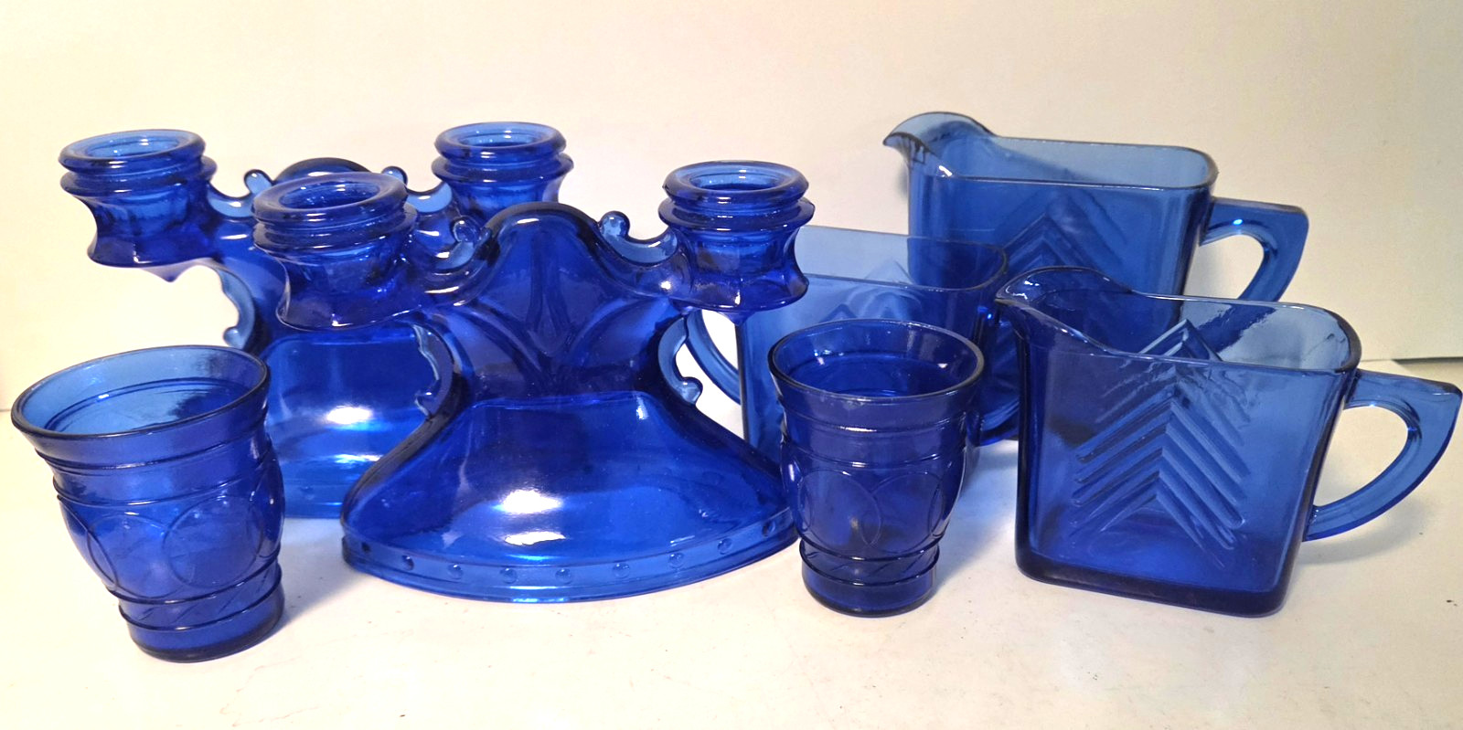 Vtg. Cobalt Blue Glass Lot Hazel-Atlas Chevron,LE Smith candlesticks Ring 7 pc Vtg. Cobalt Blue Glass Lot Hazel-Atlas Chevron,LE Smith candlesticks Ring 7 pc