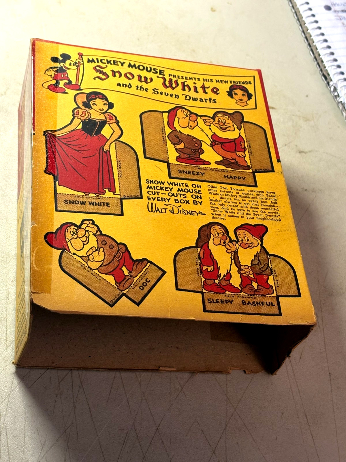 Vintage 1937/1938 Post Toasties Box “Snow White” Walt Disney Enterprise - RARE 