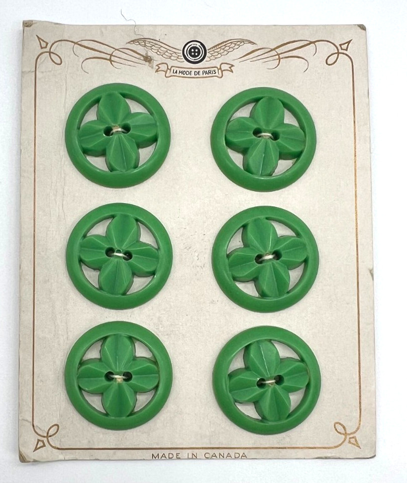 Vintage LaMode Paris Casein green cut out pierced carded buttons~1