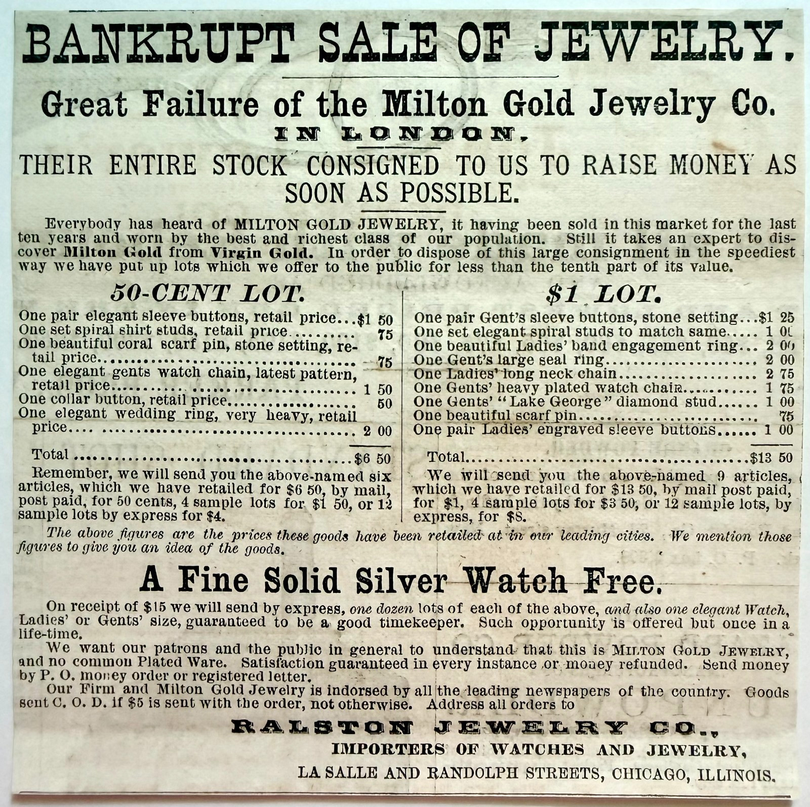 1877 Milton Gold Jewelry Bankruptcy Sale Advertisement Victorian Ralston Chicago